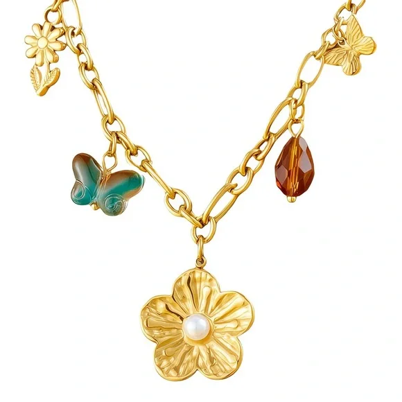Charming Gold Necklace with Floral and Butterfly Accents - Picture 2 of 5